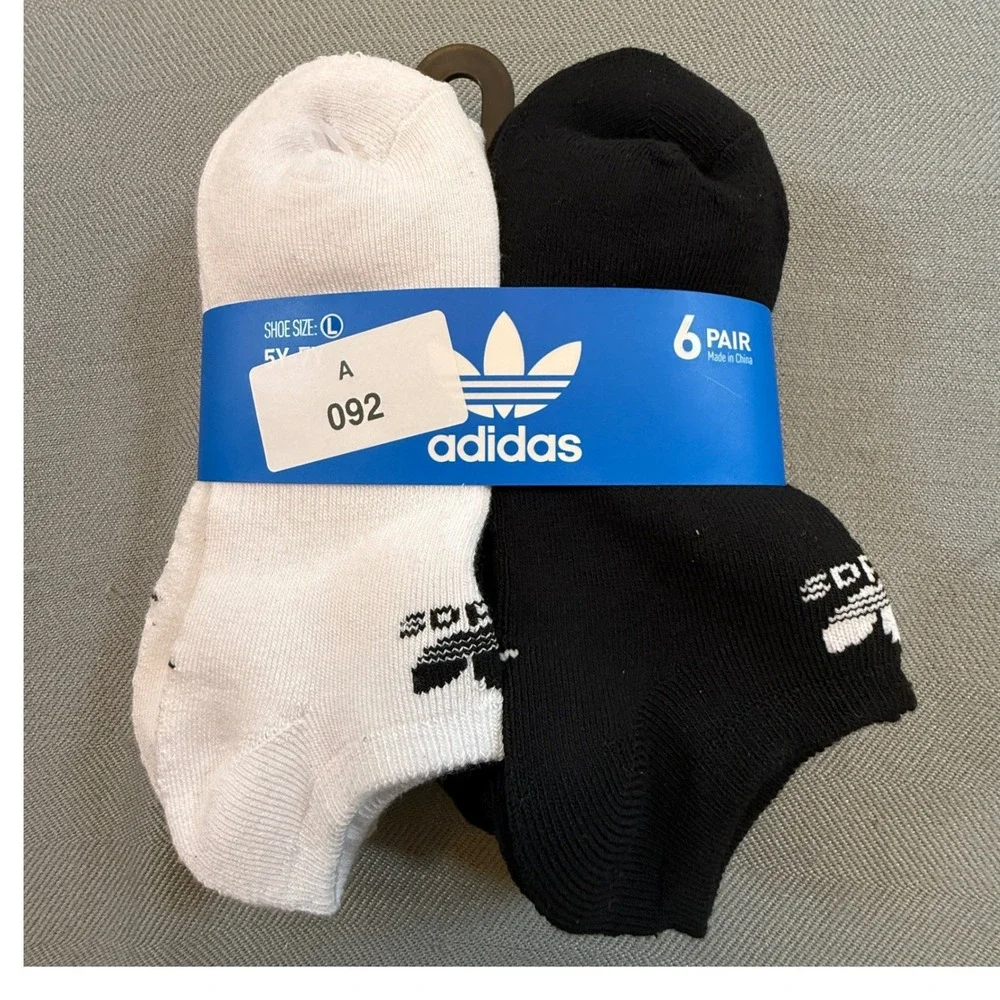 Adidas Originals Youth No Show Socks 6 Pair Black White Size L 5Y-7Y CH7710